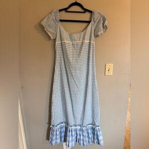 1970s handmade Blue Gingham Dress with Ruffle Hem
